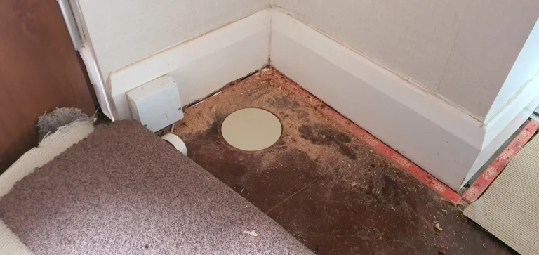A circular floor plate fitted into floorboards with the carpet turned back