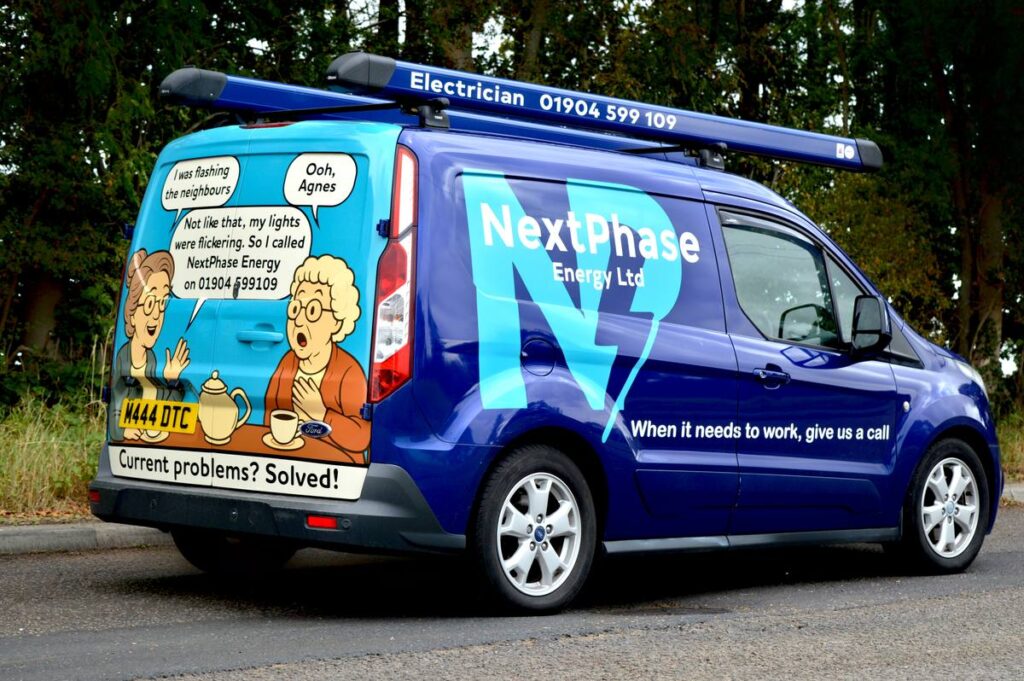 NextPhase Energy van, East Yorkshire electrician, 01904 599 109
