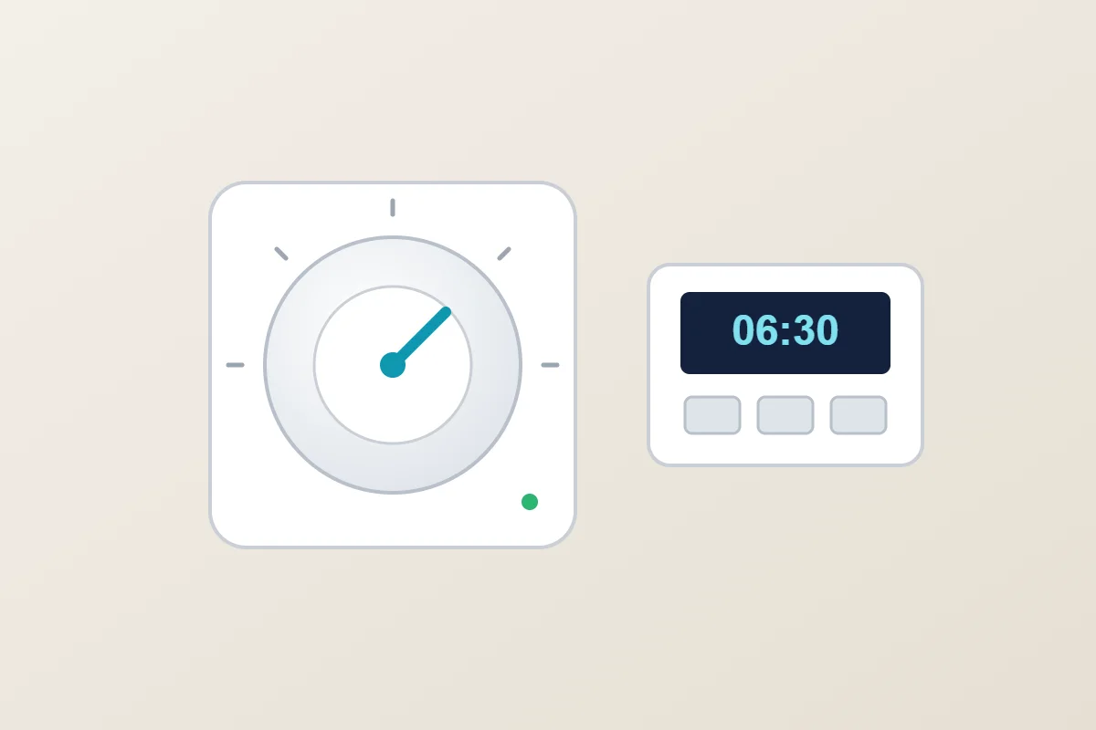 Illustration of a dial room thermostat and a digital heating programmer